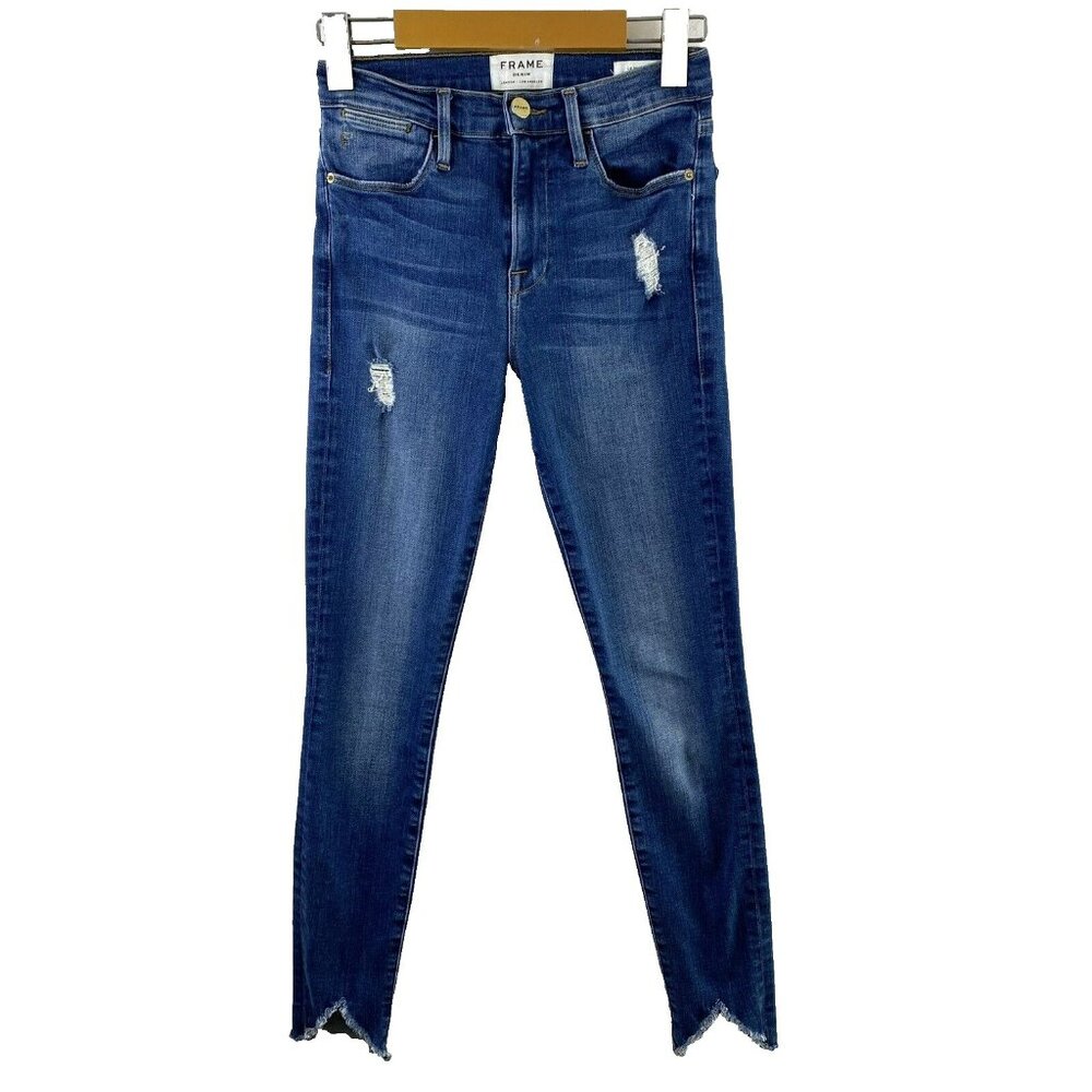 Frame Jeans Women Size 26 Le High Skinny In Sea Bright Denim Distressed Raw Hem
